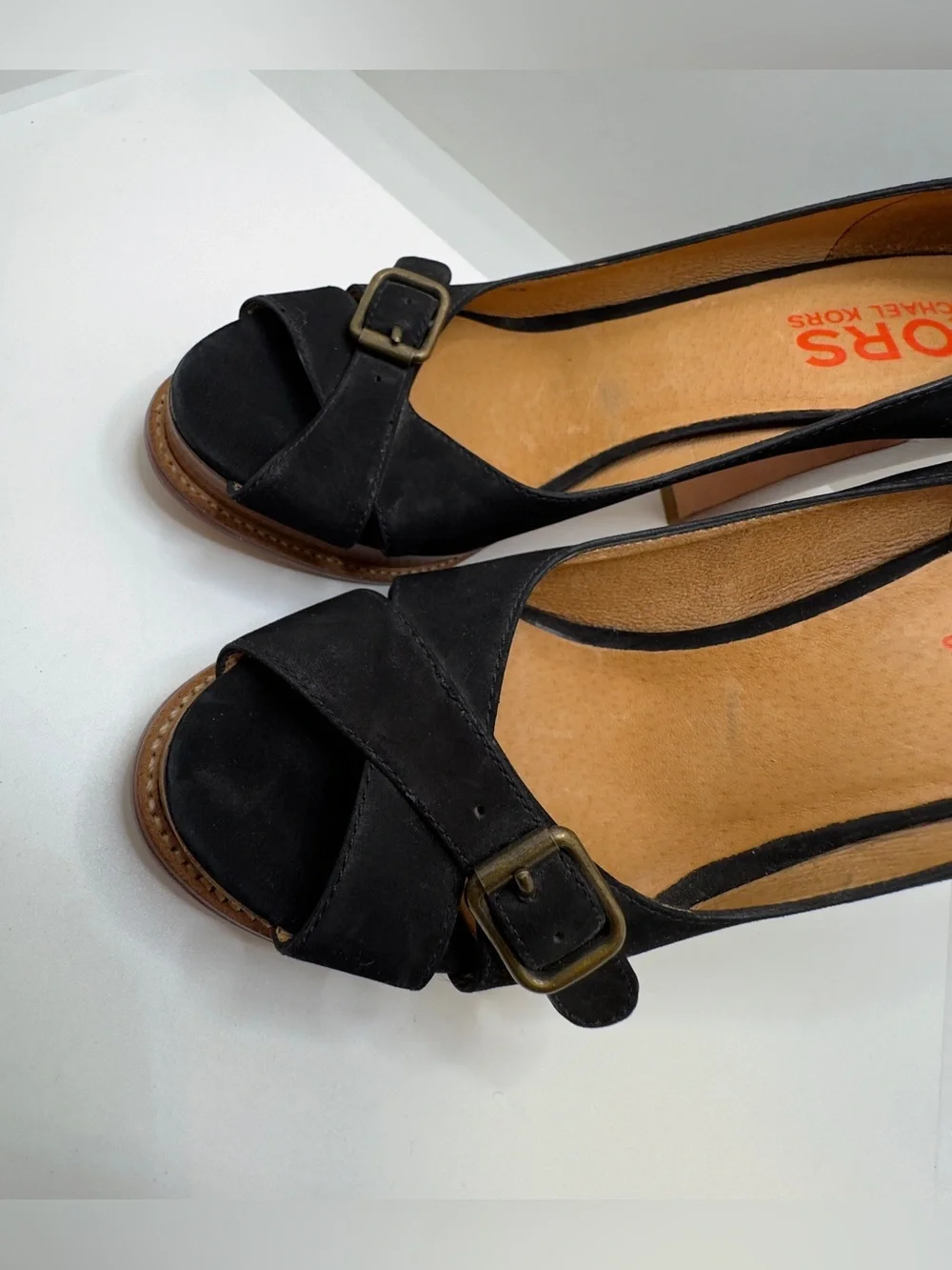 Michael Kors Black Suede Peep-Toe Block Heel Pumps with Buckle